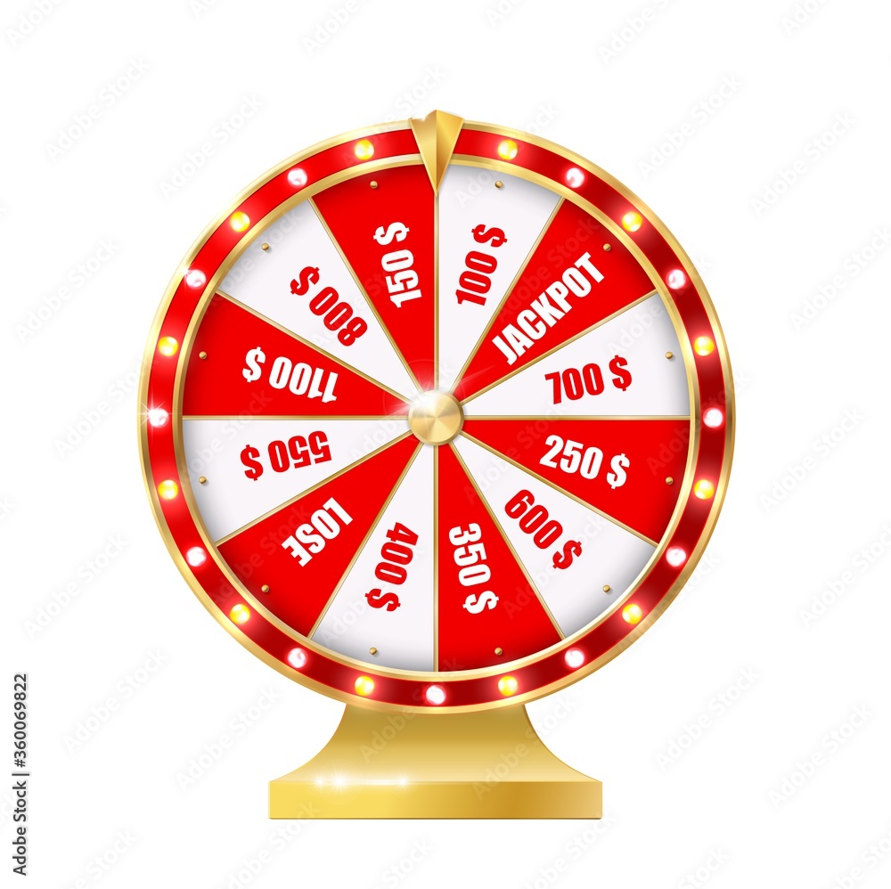 Golden wheel of fortune 3d realistic vector. Big Six Wheel with different money prizes, jackpot and lose red, white segments, gold pointer and lamps on skirting. Casino gambling spinning machine Golden wheel of fortune 3d realistic vector. Big Six Wheel with different money prizes, jackpot and lose red, white segments, gold pointer and lamps on skirting. Casino gambling spinning machine