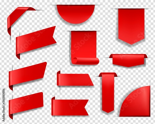 Red labels, tags and banners realistic vector set. Blank price tag sticking out from transparent background, red banners hanging on corner, bookmarks and label templates. Web page design element