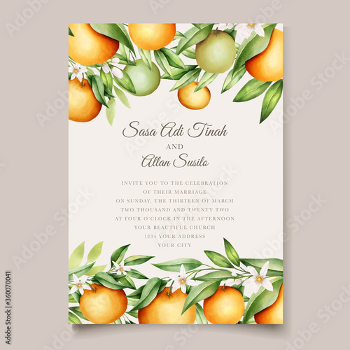 Botanical watercolor orange fruits wedding invitation card template