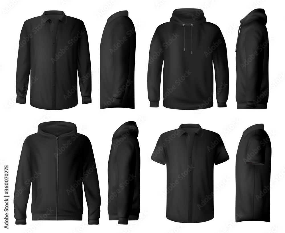 Man casual clothes, wear vector mockup set. Classic black shirt with long  and short sleeves, sweatshirt, pullover and hoodie front side view  realistic vector template. Everyday man clothing mock-up Stock Vector