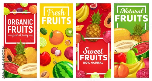 Ripe fruits vector vertical banners. Tropical fruits farm lime and lemon, maracuya, watermelon and melon, pineapple and banana, lychee, pomegranate, kiwi and papaya, peach and orange