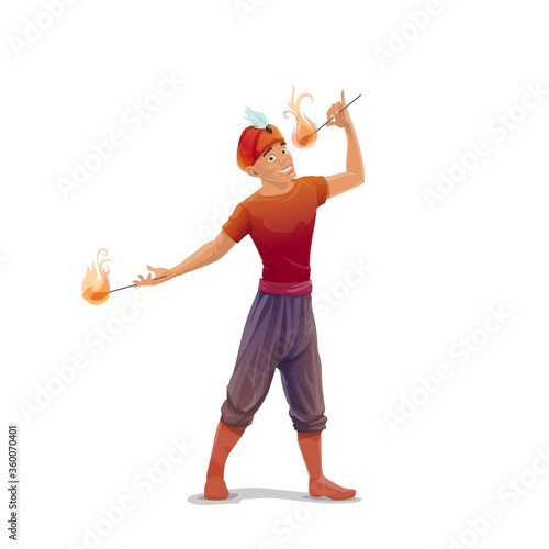 Big Top Circus fire eater or fakir vector character. Smiling man in turban with feather, performing with flaming torches, eating fire. Circus sideshow or street performer showing dangerous tricks