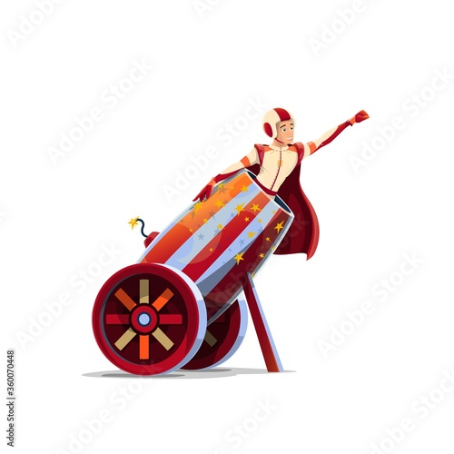 Big Top Circus human cannonball performer cartoon vector. Man in helmet and cape, circus performer sitting in middle ages canon or bombard mortar with fired fuse and aiming, pointing with fist in sky