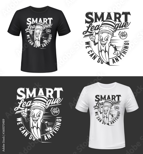 Cartoon smiling pencil t-shirt print vector template. Smiling pencil with rubber, monochrome lettering. School education, college or educational courses emblem , pupil apparel custom print template