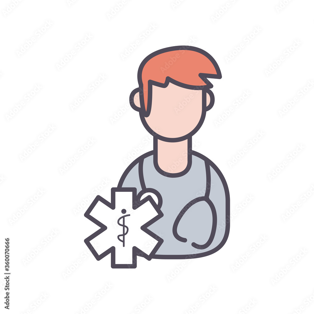male doctor and caduceus line and fill style icon vector design