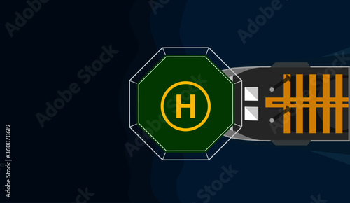 Aerial view of a helideck on a ship in the sea. Helicopter landing area, helipad on an offshore supply vessel, viewed from above. Air transport, Oil and gas industry maritime logistics concept.