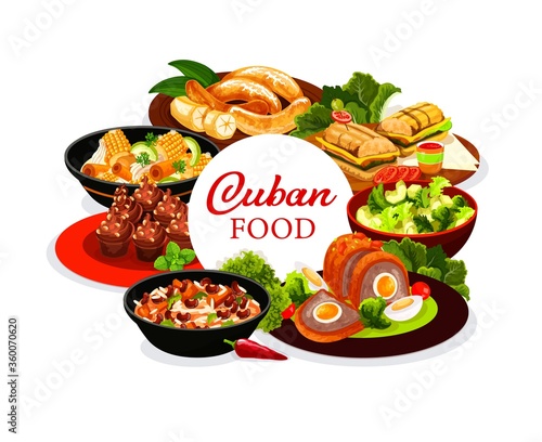 Cuban cuisine menu round vector cover. Cuban restaurant dishes with meat and vegetables. Fried bananas, avocado salad, sandwich, dessert with coffee cupcakes, meatloaf with egg, ragout, chicken stew