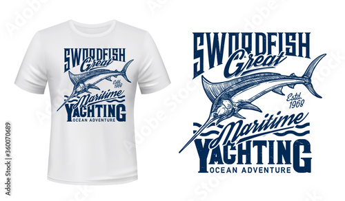Blue marlin fish animal, vector. Fishing and yachting sport t-shirt print mockup template with engraved marlin in sea waves and typography. Ocean fishing sport hobby custom apparel design
