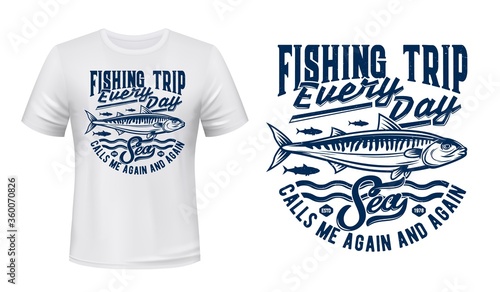 Fishing sport, atlantic ocean mackerel shoal fish and blue waves engraved illustration and lettering. Fishing hobby and sport t-shirt print vector mockup, apparel custom design