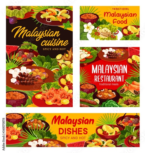 Malaysian cuisine dishes, snacks, desserts. Vector fried shrimps and stuffed crab, beef rib soup, bean sprouts with anchovies, Devils curry and fish meals, vegetable garnish and fruit dessert
