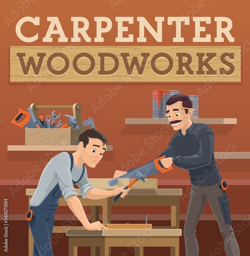 Carpenter and joiner workers, vector cartoon characters. Artisan, craftsman in overalls uniform using a hacksaw and hammer tools. They are sawing a wooden plank and hammering nails. Carpentry, joinery