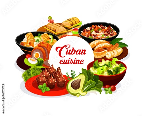 Cuban cuisine round banner. Cuban food restaurant meals with fruits, vegetables and spicy herbs. Vector fried bananas, beans and rise ragout, avocado salad, sandwich, meatloaf with egg, coffee cupcake