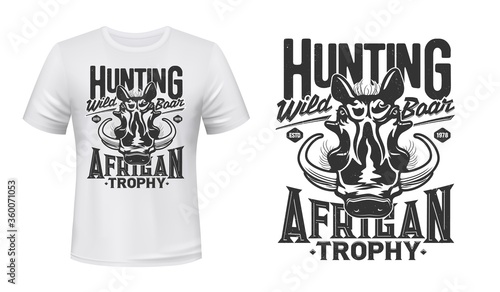 Warthog boar mascot t-shirt print vector mockup. African wild boar head, warthog with big tusks. African safari, hunting club member apparel custom design, vintage print mockup with wild animal mascot