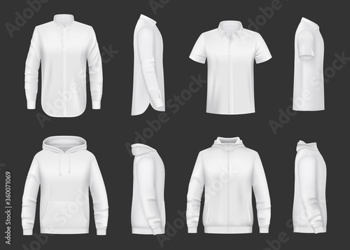 White sweatshirt, hoodie and shirt realistic vector mockup of men clothes. Front and side views of shirts with hood, long and short sleeves, zipper and pocket, 3d template of sweaters, sport jackets