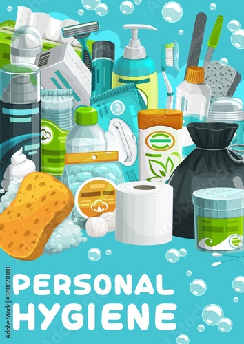 Personal hygiene, body and skin care products. Cartoon vector cotton swabs, balls and discs, wet wipes, shampoo and micellar water, shaving foam and razor, toothpaste, deodorant and napkin