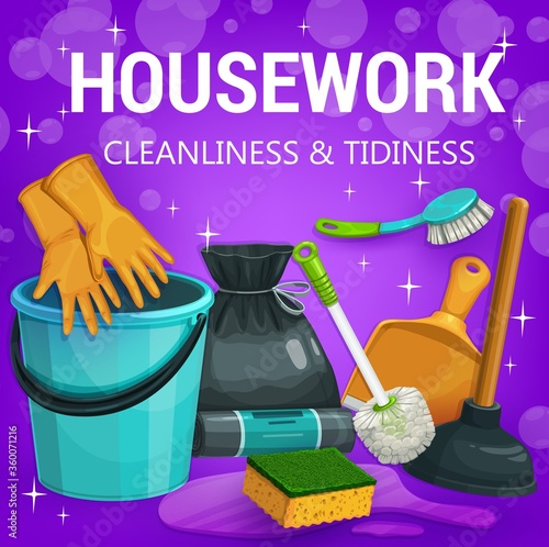 Housework tools for home cleaning, vector. Cartoon latex or rubber gloves, plastic bucket and black trash bag, toilet plunger and brush, sponge with scrubber, dustpan. House cleaning supplies