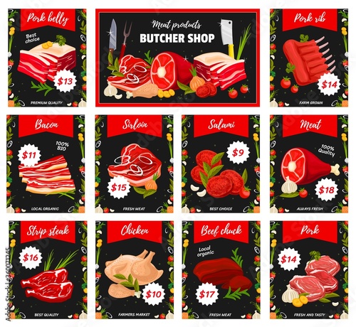 Meat tenderloin types, butchery shop production. Vector pork belly and ribs, bacon, sirloin and salami, meat, strip steak with chicken and beef chuck. Big choice of butcher store assortment with price
