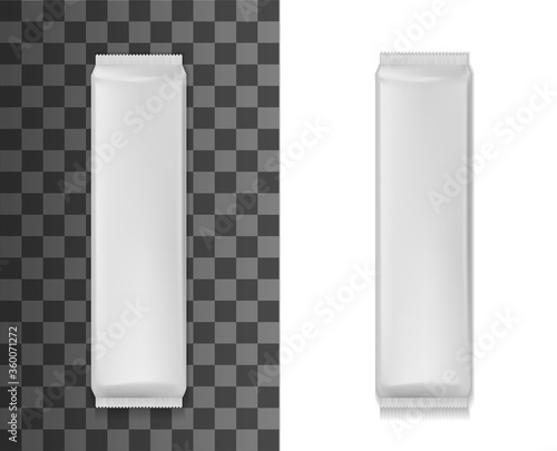 Narrow package mockup, white sachet or pouch bag isolated 3d vector realistic template. Foil, plastic or paper rectangular packs. Blank package for food, wet towels or cosmetics packaging mock up