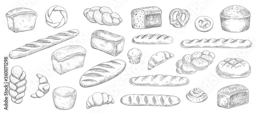 Bread and bakery food sketches. Engraved vector pastry, baked loaf, rye and wheat bread, croissants and pretzel, braided buns, cupcake and french baguette. Engraving bakery shop bread sketches