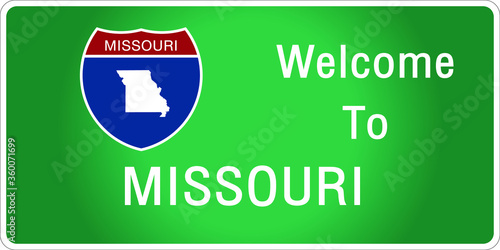 Roadway sign Welcome to Signage on the highway in american style Providing missouri state information and maps On the green background of the sign vector art image illustration 