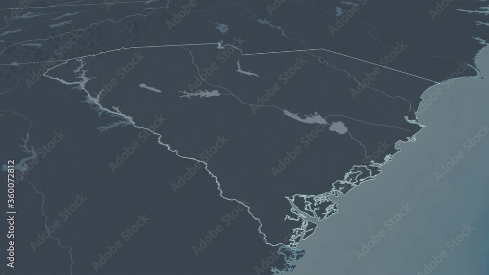 South Carolina, state with its capital, zoomed and extruded on the administrative map of United States in the conformal Stereographic projection. Animation 3D South Carolina, state with its capital, zoomed and extruded on the administrative map of United States in the conformal Stereographic projection. Animation 3D