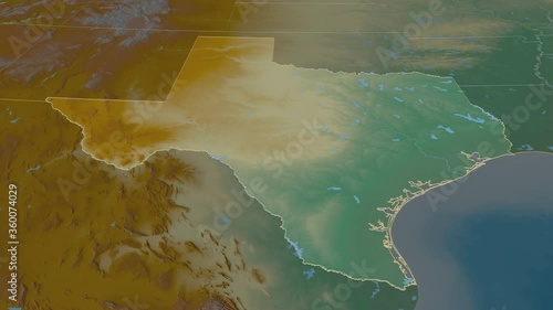 Texas, state with its capital, zoomed and extruded on the relief map of United States in the conformal Stereographic projection. Animation 3D photo