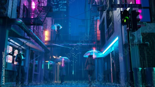 People walking under umbrellas in the rain along the street in the neons lights. photo
