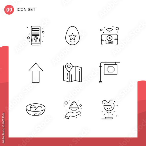 Mobile Interface Outline Set of 9 Pictograms of pin, location, utube, upload, arrow photo
