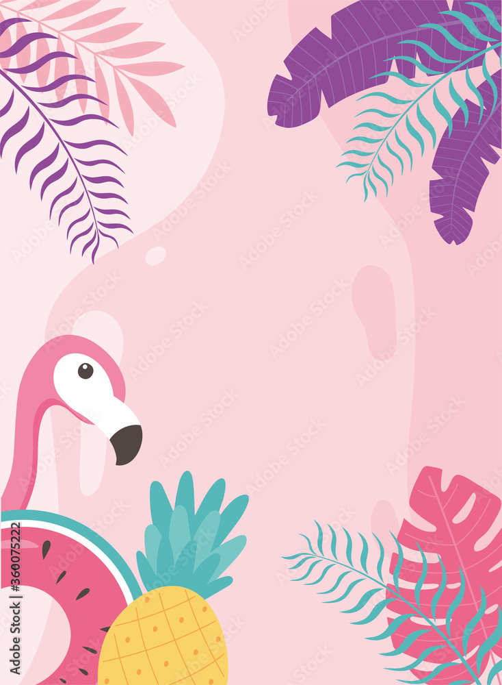 Naklejka premium flamingo bird pineapple and float exotic tropical leaves, hello summer