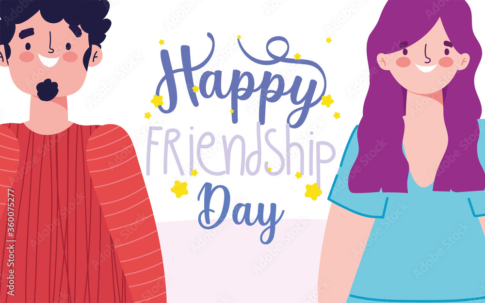 happy friendship day, man and woman characters lettering special event celebration happy friendship day, man and woman characters lettering special event celebration