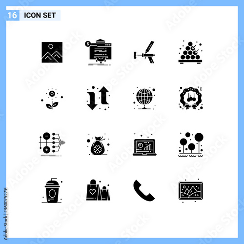 Editable Vector Line Pack of 16 Simple Solid Glyphs of japanese, gun, website, tool, foam photo