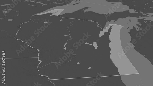 Wisconsin, state with its capital, zoomed and extruded on the bilevel map of United States in the conformal Stereographic projection. Animation 3D photo