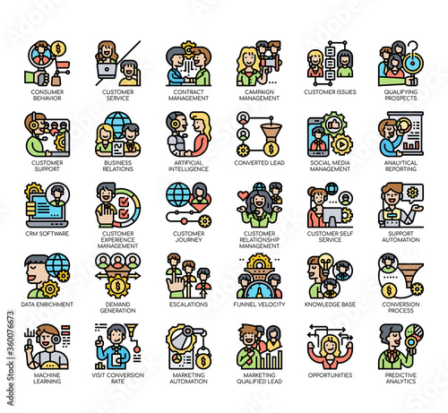 Set of customer relationship management thin line and pixel perfect icons for any web and app project.