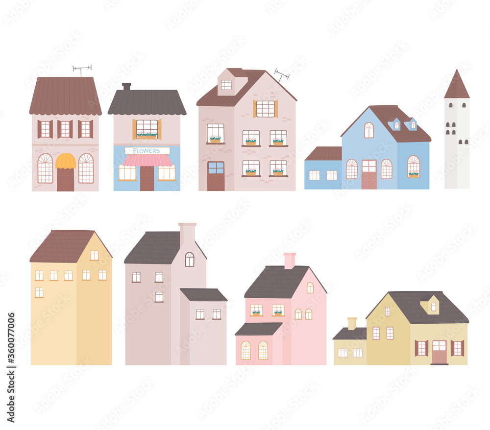 houses home building tower residential commercial facade icons design