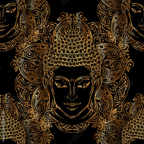 Lord Buddha looks down on the background of the extremely beautifulmandala. Sacred and spiritual symbol of Buddhism. Chic Golden seamless background