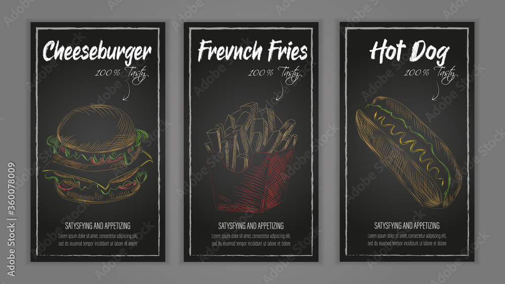Fast food template of cheeseburger, french fries and hot dog color sketch. Fast food restaurant menu vector illustration