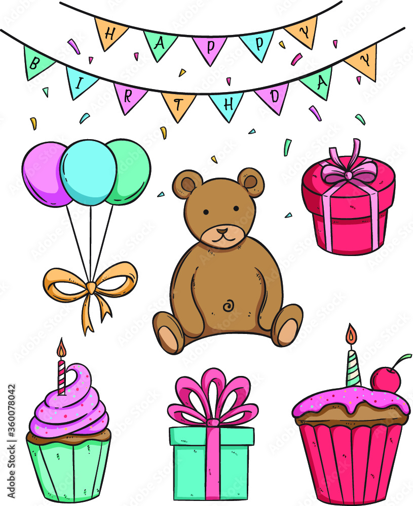 Fototapeta premium cute bear doll in birthday party with cupcake and gift box