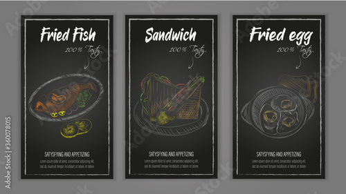 Food Badges Set  Hand Drawn of fried fish and egg  sandwich color hand draw. Vector illustration