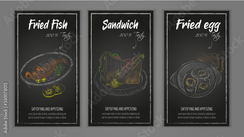 Food Badges Set, Hand Drawn of fried fish and egg, sandwich color hand draw. Vector illustration