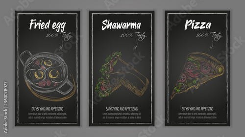 Food Badges Set, Hand Drawn of fried egg, shawarma and pizza color hand draw. Vector illustration