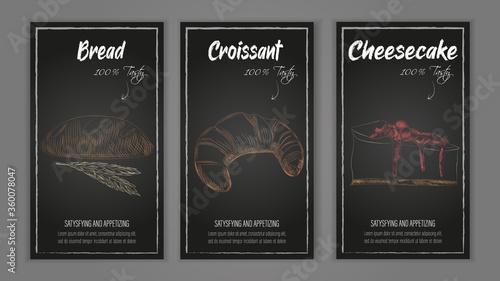 Sweet cakes pastry hand drawn vintage poster. Color sketch vector illustration of bread, croissant and cheese cake . Advertising banner for bakery shop and cafe boutique