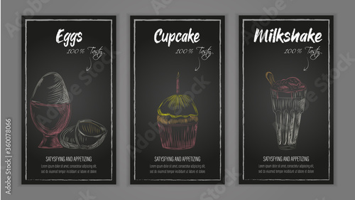 Vector cafe food illustrations. Set of boiled egg, cupcake and milk shake. Color hand drawn illustrations
