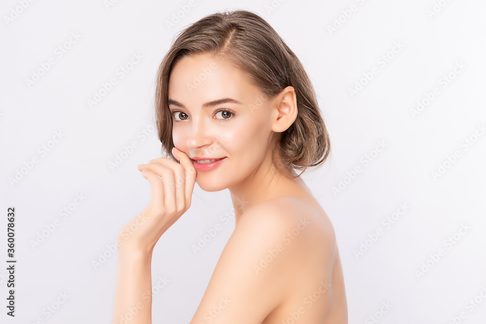 Beautiful Young Woman touching her clean face with fresh Healthy Skin, isolated on white background, Beauty Cosmetics and Facial treatment Concept Beautiful Young Woman touching her clean face with fresh Healthy Skin, isolated on white background, Beauty Cosmetics and Facial treatment Concept