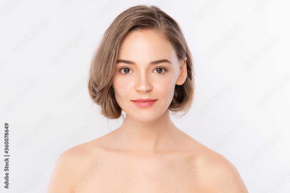 Beauty Woman face Portrait, Beautiful Young Woman with Clean Fresh Healthy Skin, Facial treatment. Cosmetology, beauty and spa, isolated on white background.