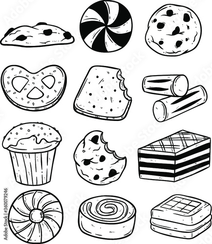 pastry snack food with cookie and biscuit collection using doodle art