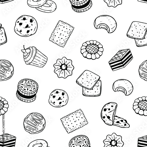 seamless pattern of pastry food cookie and biscuit with doodle style