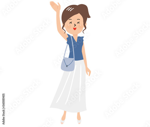 手を振る夏服の女性