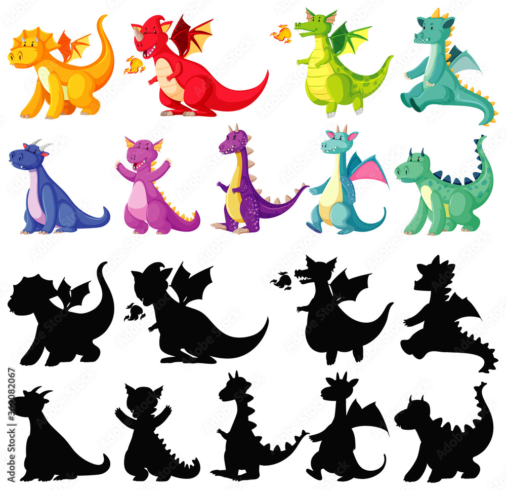 Different color of dragon in color and silhouette in cartoon character on white background