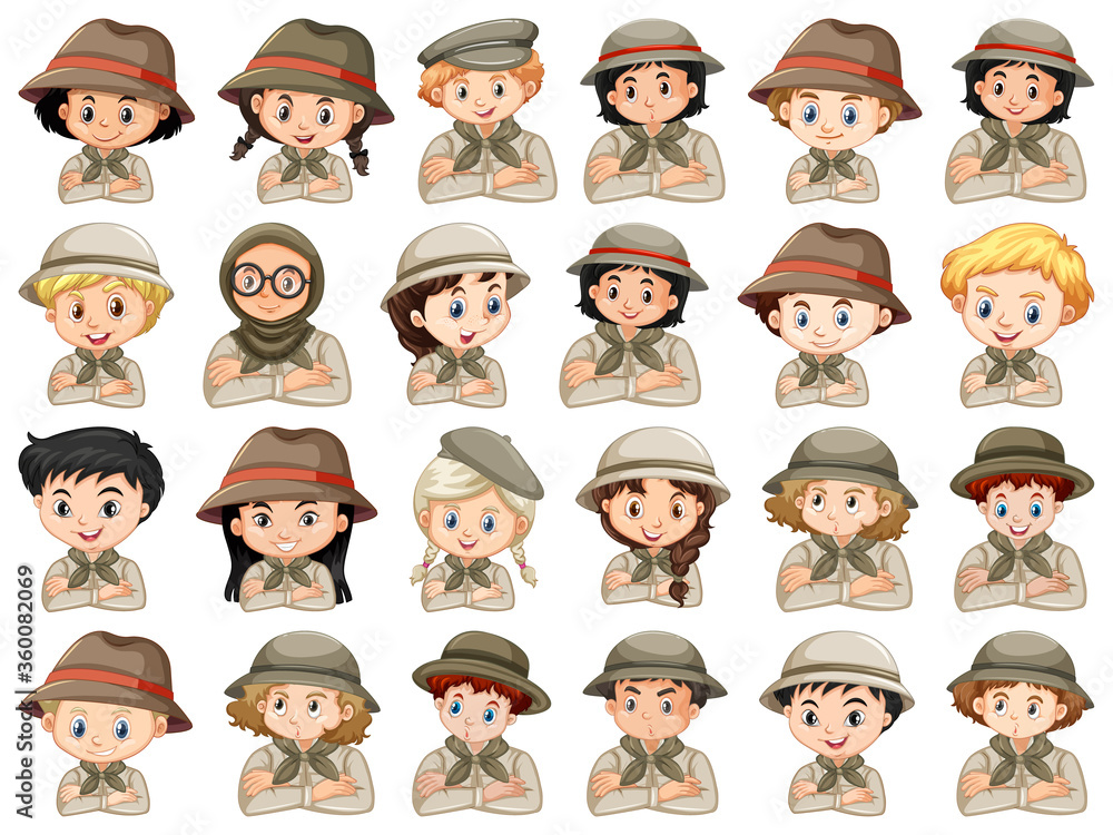 Set of different characters of boys and girls scout costume on a white background Set of different characters of boys and girls scout costume on a white background