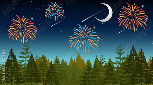 Forest with celebration fireworks scene